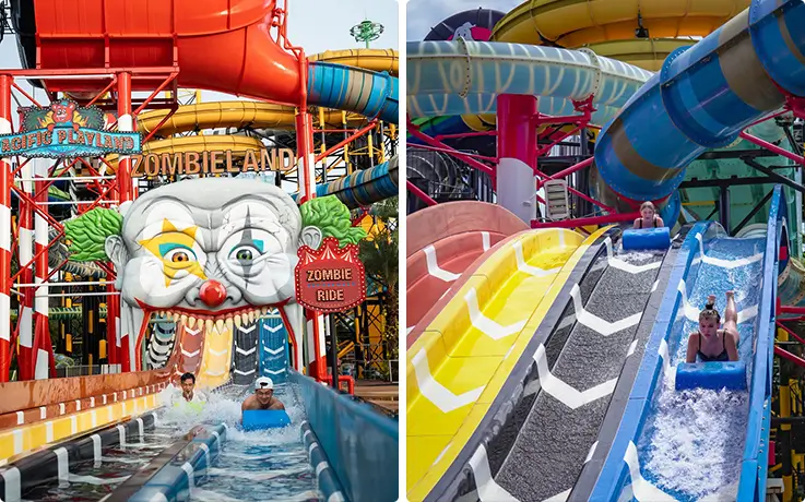 People enjoying various slides at the Zombieland Zone in Columbia Pictures Aquaverse in Pattaya